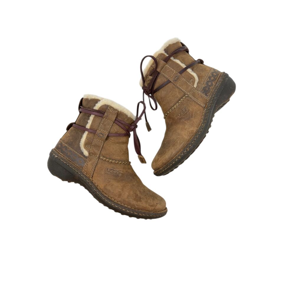 UGG Cove Leather Shearling Ankle Boots Brown Lace Up Womens Size 6